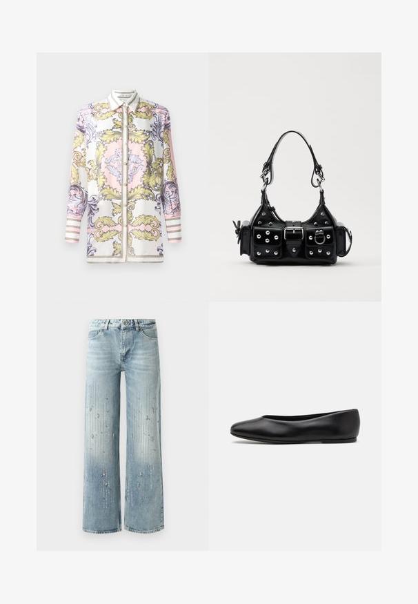 Long-sleeve button-up shirt featuring a pink, yellow, and purple baroque pattern, with a contrasting white collar and striped cuffs.; Light blue wide-leg jeans made of denim, featuring a gradient color effect and embellishments of silver rhinestones in a vertical pattern.; Paul Smith TOPANGA - Ballet pumps - black; Black leather handbag with a curved design, featuring silver studs, a buckle, and two side pockets. Adjustable strap for carrying options.