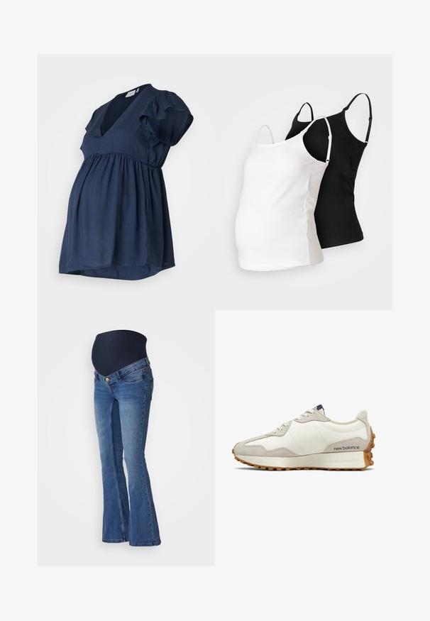 Sötétkék kismama felső rövid fodros ujjal, V-nyakkivágással és pliszírozott empire derékkal a kényelem és stílus érdekében. Simító, könnyű anyag.; Két fekete és fehér terhességi top, puha anyagból, állítható pántokkal és testhez simuló fazonnal, hogy igazodjon a növekvő pocakhoz.; Kismama bővített farmernadrág középkék denimből, sötétkék rugalmas derékkal és két elülső zsebbel ezüst gomb díszítéssel.; Fehér és bézs sneaker, sima bőr felsőrésszel, velúr kiegészítőkkel, lekerekített orral és texturált gumitalppal. A márkanevével ellátva az oldalon.