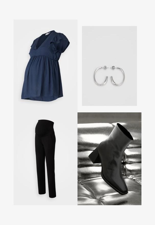 Tumesinine rasedustopp lühikeste volangpõlvedega, V-kaelus ning kogutud impeeriumi talje mugavuse ja stiili jaoks. Sile ja kerge kangas.; Mustus raseduspüksid, millel on veniv vöökohus mugavuse tagamiseks, küljetaskud, sirged sääred ja pehme kangastekstuuri.; Must musta narmand, läikiva materjali ja ruudukujulise varbaga ning kitseneva kontsaga, paigutatud läikiva hõbedaselt tuftitud tausta ette.; Hõbedast rõngaskõrvarõngad sileda ja läikiva pinnaga, kõveriku kujuga ning postitaksega sulgur. Minimalistlik disain kaasaegse viimistlusega.