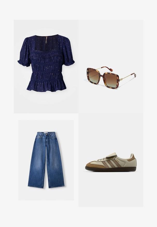 Temno modra bluzica s kratkimi napihnjenimi rokavi, nabranim dizajnom in cvetličnimi vzorci. Ima kvadratni izrez in nabran rob.; Bela skrajšana majica s kratkimi rokavi, ki ima grafiko modrega metulja in besedilo "Dihaj, dojenček, dihaj". Narejena je iz mehkega bombaža, z okroglim ovratnikom.; Bershka WIDE-LEG - Široke hlačnice - dark blue; Brah in krem športni čevelj s tremi bež črtami, iz semiša in usnja, zasnova z vezalkami in gumijastim podplatom. Logotip z besedilom na strani.; Rjave žirafe sončna očala s kvadratno obliko, gradientnimi lečami in zlatimi kovinskimi dodatki na tempeljih in ročajih. Strukturirana površina.