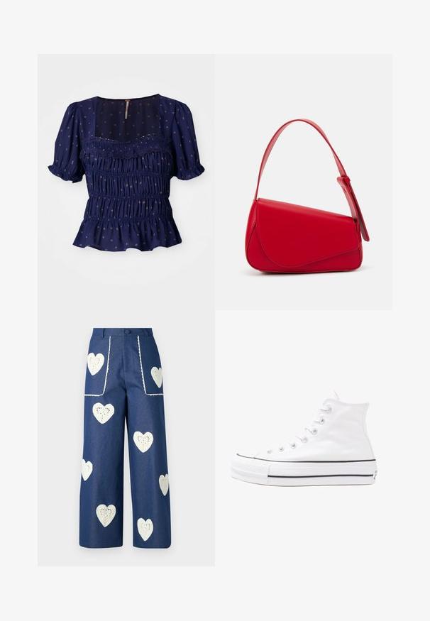 Blusa azul marinho com mangas curtas bufantes, design franzido e padrões florais. Apresenta um decote quadrado e uma bainha com babados.; Sister Jane HEART TO HEART - Calças de ganga de perna direita - blue denim; Sapatilha alta de tela branca com sola de borracha preta, bico de borracha na frente e seis ilhós para os atacadores, apresentando um design limpo e minimalista.; Bolsa de mão em couro vermelho com um design angular e geométrico. Apresenta uma única alça ajustável e um fecho com aba, com detalhes cosidos.