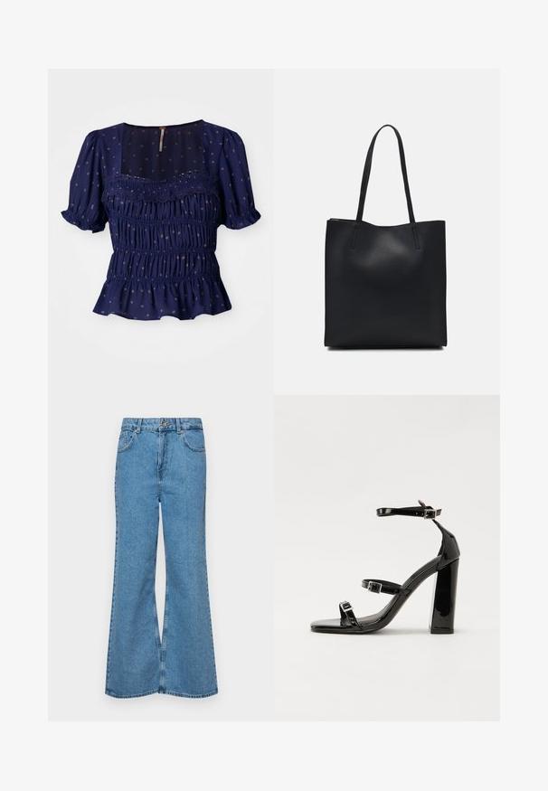 tumši zilā blūze ar īsām pūkainām piedurknēm, smockēts dizains un ziedu raksti. Ar kvadrātveida izgriezumu un volānu apakšmalu.; Gaiši zili, platā piegriezuma džinsi, kas izgatavoti no denima, ar augstu jostasvietu, piecām kabatām un vienu pogu. Mīksta tekstūra ar nolietotu apdari.; Melnas lakotas augstpapēžu čības ar kvadrāta purngalu, potīšu siksniņām un sudraba sprādzēm. Aprīkotas ar masīvu bloku papēdi stabilitātei.; Melnas ādas somiņa ar gludu tekstūru, taisnstūra formu un divām garām rokturiem. Nav redzamu aparatūras vai rotājumu.