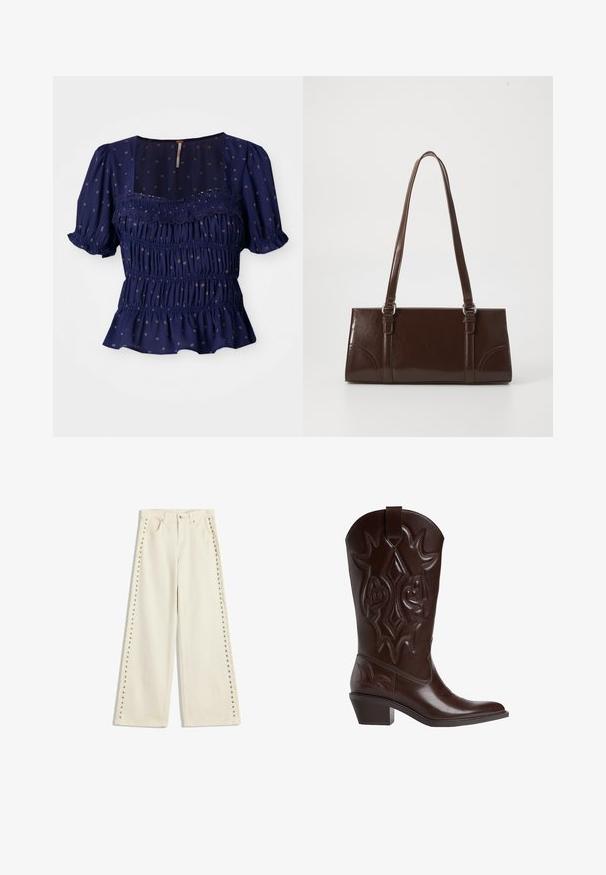 Námořnická modrá blůza s krátkými vyklenutými rukávy, s nařaseným designem a květinovými vzory. Má čtvercový výstřih a řasený lem.; Světle krémové široké džíny s kovovými cvočky podél vnějších švů, pěti kapsami a standardním zapínáním na knoflík.; Tmavě hnědá kožená kovbojská bota s dekorativním prošíváním, špičatou špičkou, středně vysokým podpatkem a úchopovým tabem na vršku.; Hnědá kabelka z patentované kůže obdélníkového tvaru, se dvěma dlouhými uchy a jemnými zakřivenými akcenty na přední straně.