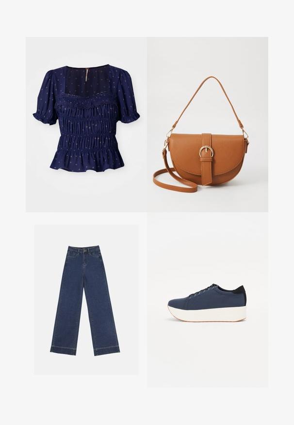Navy blue blouse with short puff sleeves, smocked design, and floral patterns. Features a square neckline and a ruffled hem.; Wide-leg jeans in dark blue denim. Features five pockets, belt loops, and a raw hem at the bottom with visible stitching details.; Navy blue sneaker with a textured fabric upper, white platform sole, rounded toe, and black heel accent. Features six eyelets for laces.; Brown leather crossbody bag with a curved shape, gold hardware, and a buckle accent. Features a detachable shoulder strap.