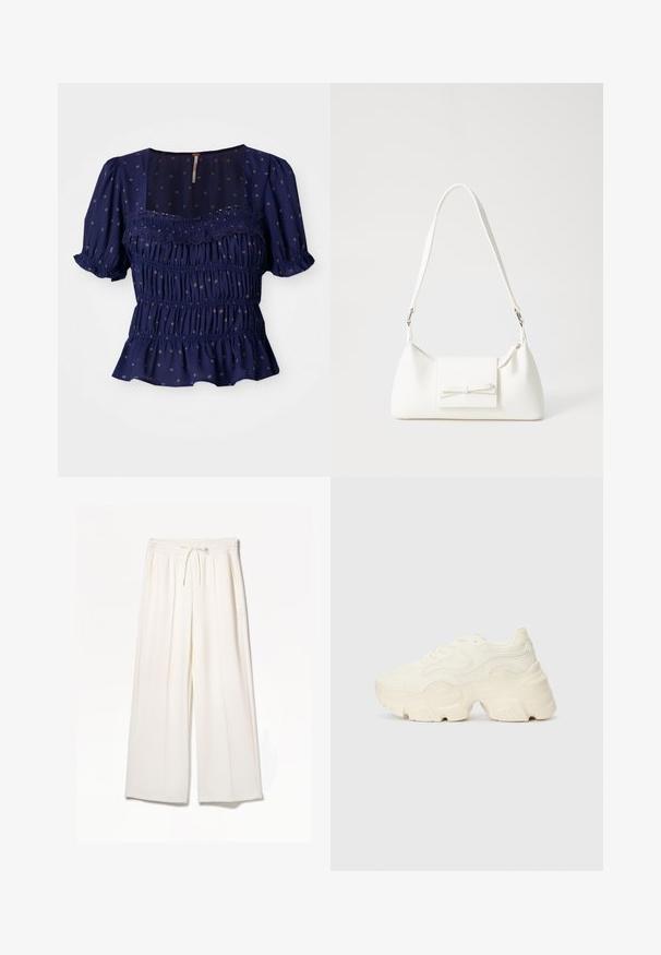 Sötétkék blúz rövid puffos ujjakkal, smocked mintázattal és virágmintákkal. Négyzet alakú dekoltázzsal és fodros aljjal rendelkezik.; Fehér, széles szárú nadrág, könnyű anyagból készült, gumis derékkal, húzózsinórral és oldalsó zsebekkel, látható minták nélkül.; Tömbös fehér sneakers, amely texturált hálóból és szintetikus anyagokból készült, vastag talppal és bonyolult mintázattal az oldalakon.; Fehér szintetikus kézitáska, háromszög alakú, lapos előlap, masni részlettel, állítható pánttal, sima textúrával és minimalista dizájnnal.