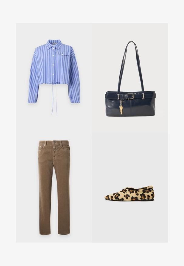 Krátká modrá košile s bílými svislými pruhy, s předním zapínáním na knoflíky, límečkem a elastickými rukávy s šňůrkovým lemem a náprsní kapsou.; Hnědé kordové kalhoty rovného střihu s předními kapsami, poutky na opasek a knoflíkovým zapínáním na bílém pozadí.; Ploché boty s leopardím potiskem vyrobené z měkkého kožichu, s designem špičaté špičky a nízkým profilem. Přírodní tóny s černými akcenty.; Námořnická kožená kabelka s dvěma dlouhými uchy, detaily s přezkou a připevněným klíčenkou. Vyznačuje se hladkým povrchem a obdélníkovým tvarem.
