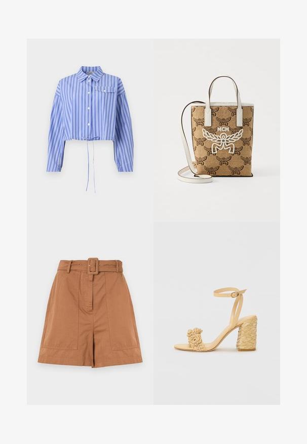 Cropped blue shirt with white vertical stripes, button-down front, collar, and elasticized sleeves with a drawstring hem and chest pocket.; Brown cotton shorts feature a belted waist, front pleats, and two side pockets, with a smooth texture and tailored design.; Beige high-heeled sandal with a braided texture, featuring a decorative flower and ankle strap. Square-shaped heel adds stability.; Brown woven bag with a detailed pattern; white leather accents; MCM logo in white; short handles and a detachable shoulder strap.