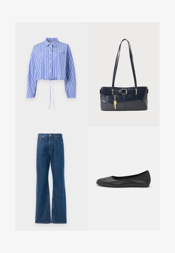 Przycięta niebieska koszula w białe pionowe paski, z zapięciem na guziki z przodu, kołnierzykiem oraz elastycznymi rękawami z ściągaczem i kieszonką na piersi.; Niebieskie dżinsy z rozszerzanymi nogawkami, wysokim stanem, pięcioma kieszeniami, zapięciem na srebrny guzik i widocznymi przeszyciami.; Czarne skórzane baletki z zaokrąglonym noskiem, gładką fakturą, minimalnymi przeszyciami i elastycznym designem podeszwy.; Granatowa skórzana torebka z dwoma długimi uchwytami, detalem w postaci klamry oraz dołączonym breloczkiem. Charakteryzuje się gładką teksturą i prostokątnym kształtem.