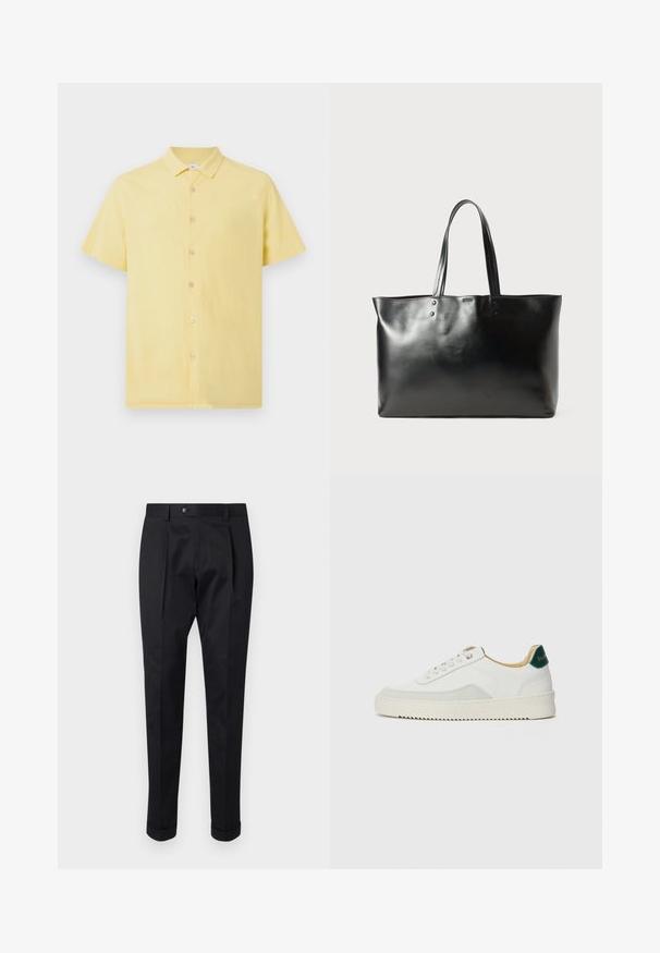 Kratka majica s kratkimi rokavi v rumeni barvi iz teksturirane tkanine, z gumbom spredaj in klasičnim ovratnikom. Ima svetle gumbe za kontrast.; Črne hlače iz gladkega materiala, z zavihkom spredaj, gumbom za zapiranje in zvitim robom ob gležnjih.; Bela trenerka z zaključki iz semiša, okroglo konico, ravne vezalke in kremna gumijasta podplata. Ima zeleno blagovno znamko na peti.; Črna gladka usnjena torba s pletenicama, pravokotne oblike in subtilnimi šivi na belem ozadju.