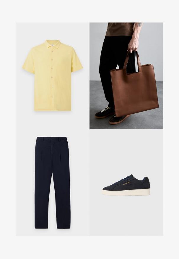 Īsām piedurknēm dzeltena krekls ar teksturētu audumu, pogu priekšējā aizdare un klasiskā apkakle. Iezīmē viegli krāsas pogas kontrastam.; Tums zilā krāsā, izgatavoti no viegla auduma, ar taisnu priekšpusi, diviem krokām un standarta pogu aizdari jostasvietā.; Navy zila zamšas zema augstuma kedas ar baltu zoli, navy krāsas auklām un "Filling Pieces" logo zeltā sānos.; Brūna ādas somiņa ar minimālistisku dizainu, taisnstūra formu un īsām rokturiem. Priekšpusē ir smalks logo.