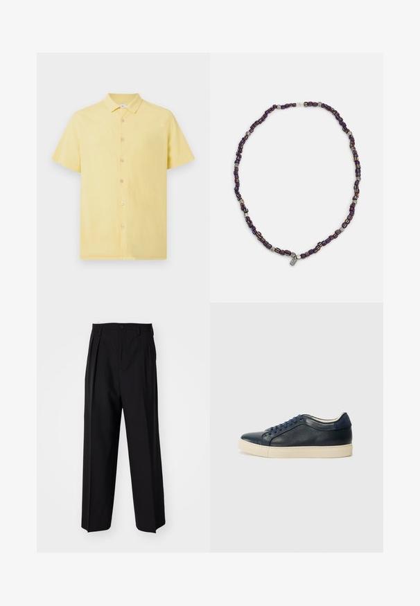 Lühikeste varrukatega kollane särk tekstuuriga kangast, nupulise esiosa sulgemisega ja klassikalise kraega. Kergelt kontrastsed nupud.; Mustad volditud püksid sirge ja laia säärega disainiga. Valmistatud siledast kangast, millel on nuppudega sulgemine ja vööaasad.; Tumedat sinised nahast spordijalatsid kreemja kummitaldiga, siniste paeltega ja siledast tekstuurist. Ümar varvas ja minimalistlik disain.; Mitmevärviline helmedega kaelakee, kus on tume sinised, punased ja kollased helmed, mille vahel on hõbedased aksessuaarid ja rippuv ripats.