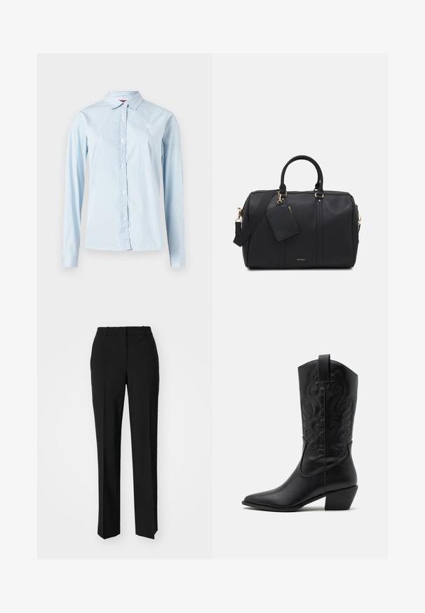 Camisa azul clara de manga comprida com riscas brancas verticais, fechamento frontal com botões, gola pontiaguda e pequeno detalhe de logótipo no peito.; Calças pretas de corte ajustado com um design de perna reta, apresentando uma textura lisa e pregas bem definidas na frente. Sem hardware visível.; Bota de cowboy em couro preto com bico pontiagudo, padrões em relevo com formas onduladas e salto de altura média. Possui uma alça para fácil colocação.; Mala de desporto em imitação de pele preta com pormenores em dourado, alças duplas superiores, alça de ombro ajustável e um bolso para etiqueta removível.