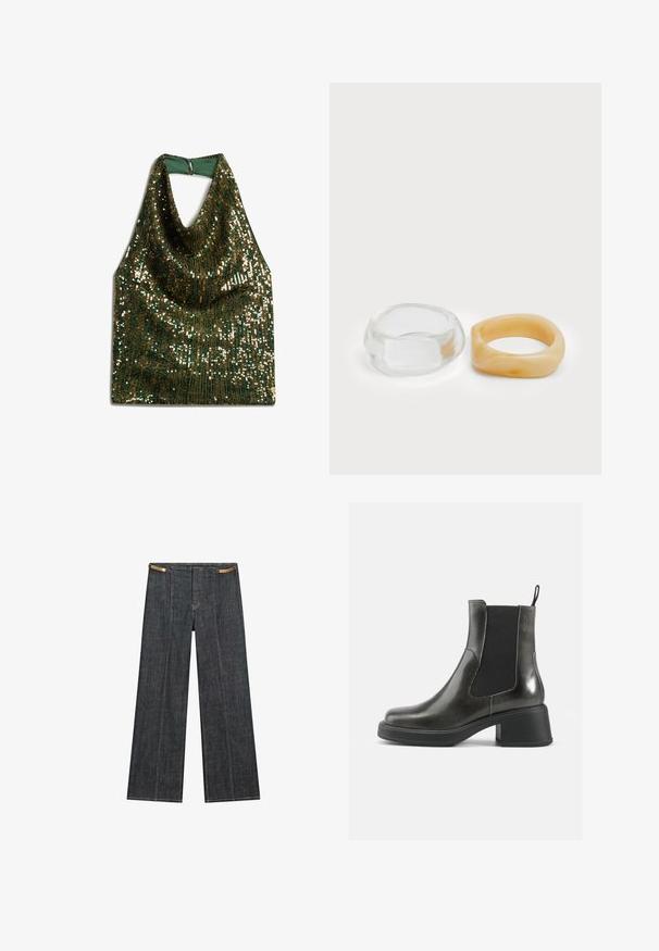 Top na szyję z cowl, wykonany z zielonego materiału ozdobionego cekinami i złotymi akcentami, z drapowanym krojem i zapięciem na karku.; Ciemnoniebieskie dżinsowe spodnie o szerokich nogawkach i wysokim stanie. Posiadają widoczne szwy, zapięcie na guzik i unikalny łańcuszek jako akcent w talii.; Czarne skórzane botki za kostkę o gładkim wykończeniu, z elastycznymi bocznymi panelami i masywnym obcasem. Posiadają pętelkę ułatwiającą zakładanie.; Jasne i bursztynowe pierścionki z żywicy, jeden gładki i przezroczysty, drugi z teksturowanym, bursztynowym wykończeniem. Oba mają zaokrąglone, masywne kształty.