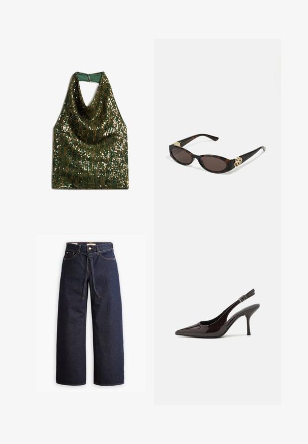 Top halter con cuello en cowl hecho de tela verde con lentejuelas y detalles en dorado, que presenta un diseño drapeado y un cierre en la parte posterior del cuello.; Jeans de mezclilla oscuros de pierna ancha con cintura alta, que cuentan con un lazo ajustable, cinco bolsillos y detalles de costura en contraste.; Zapato de tacón alto tipo slingback en piel sintética brillante de color marrón oscuro, con punta afilada, laterales abiertos y correa ajustable en el tobillo.; Gafas de sol carey con lentes ovalados alargados, tintado marrón, acentos de logo dorado en las patillas y brazos negros elegantes.