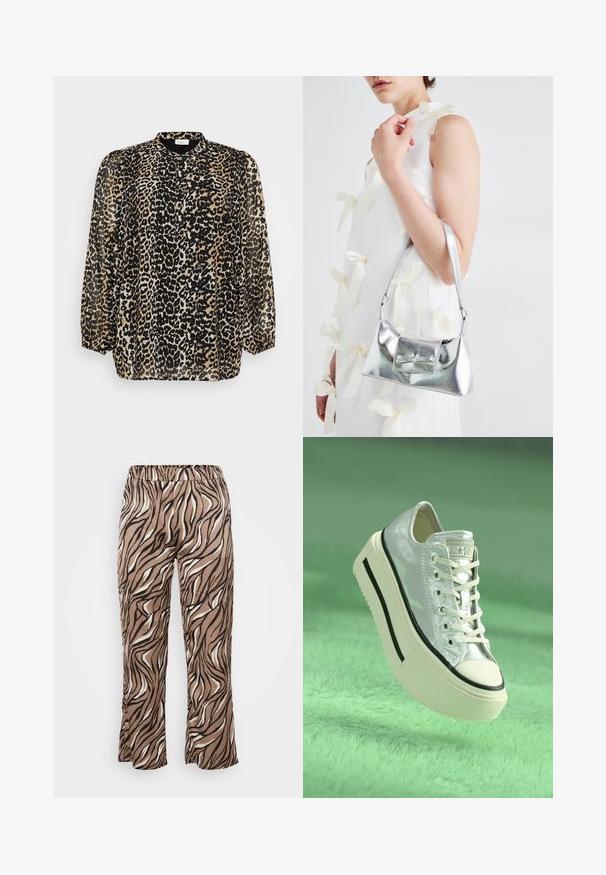 Gjennomsiktig skjorte med lange ermer og knapper i leopardmønster i svart, beige og brune toner, med en liten krage og plisserte ermer.; Brune og kremfargede bukser med zebra-mønster, med strikk i livet, som har en vide benmodell og glatt tekstur.; Metalliske sølv sneakers med plattformsåle, hvite snørebånd og svarte detaljer. Har en rund tå og teksturert gummisåle.; Sølvmetallisk håndveske med en strukturert form, med en topphåndtak og sløyfedetalj foran. Glatt tekstur, reflekterende overflate.