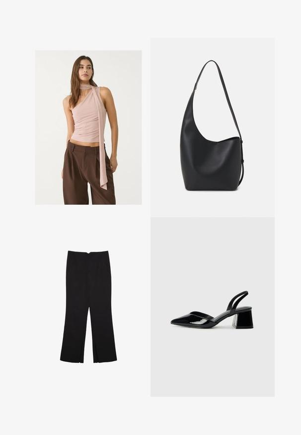 Top asimmetrico rosa con texture arricciata, caratterizzato da un lungo dettaglio a sciarpa. Abbinato a pantaloni larghi marroni. Tessuto morbido, design minimalista.; Pantaloni neri a gamba dritta, con tasche frontali e spacchi laterali all'orlo. Realizzati in tessuto morbido e liscio. Adatti a diverse occasioni.; Décolleté in vernice nera con punta affusolata e tacco in geometria cubica. Presentano un design elegante e minimalista, con una texture liscia.; Borsa hobo nera in pelle con una superficie liscia, forma curvata e una singola tracolla regolabile; presenta un'ampia apertura nella parte superiore.