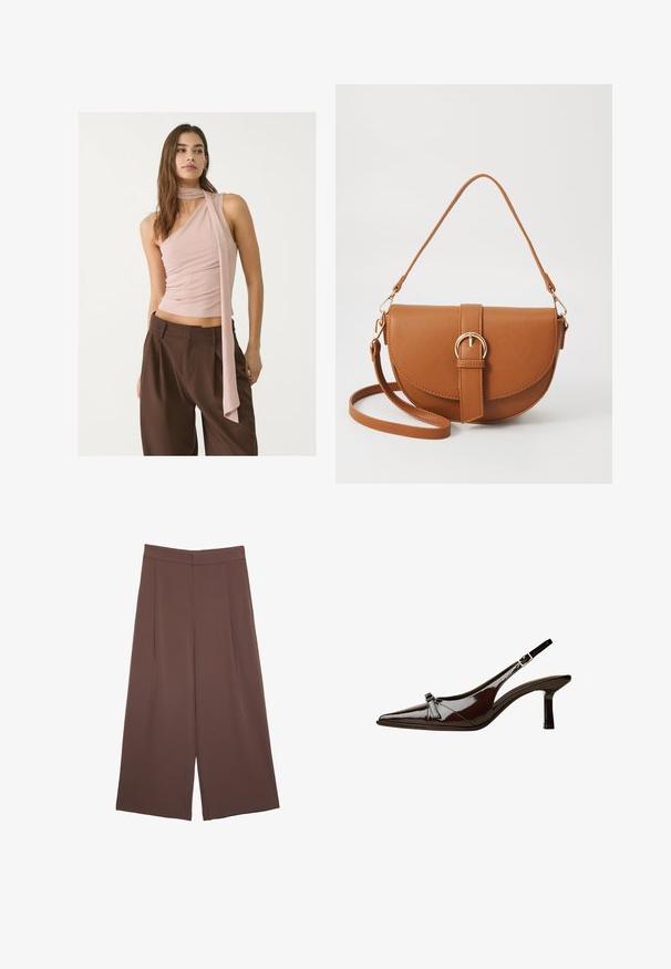 Top asimmetrico rosa con texture arricciata, caratterizzato da un lungo dettaglio a sciarpa. Abbinato a pantaloni larghi marroni. Tessuto morbido, design minimalista.; Pantaloni ampi marroni con una texture liscia, caratterizzati da una vita alta e pieghe frontali. Il tessuto è leggero e scorre liberamente.; Scarpa slingback in pelle verniciata marrone con punta appuntita, tacco basso e un accentuato fiocco decorativo nella parte anteriore. Texture liscia e lucente.; Borsa a tracolla in pelle marrone con forma curvata, hardware dorato e un dettaglio con fibbia. Presenta una tracolla rimovibile.