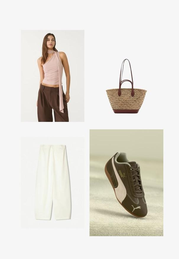 Asymmetrisk rosa topp med samlad struktur, med en lång scarfdetalj. Kombinerad med bruna vida byxor. Mjuk tyg, minimalistisk design.; Vida byxor i ett mjukt krämfärgat tyg, med en slät yta, framfickor och en avslappnad passform med midjehögt midjeband.; Brun Puma-sneaker med beige rand och logotyp, snörad, vilande på en texturerad beige yta.; Vävd halmstorpåse med flätad textur, mörkbruna läderhandtag och botten, vid cirkulär form och öppen design.