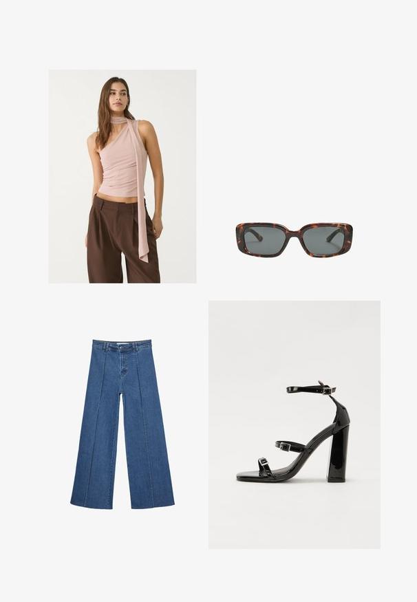 Asimetrična ružičasta majica s naboranom teksturom, s dugim detaljem marame. Uparen s smeškim širokim hlačama. Mekana tkanina, minimalistički dizajn.; Široke traperice u srednje plavoj boji, s visokim strukom, zatvaranjem na dugme i kontrastnim vertikalnim šavovima duž prednje strane.; Crne lakirane sandale na pete sa kvadratnim nosom, trakama oko gležnja i srebrnim kopčama. Imaju čvrst blok petu za stabilnost.; Smešane sunčane naočale s pravokutnim lećama, debelim okvirom i tamnim lećama. Glatka tekstura i minimalistički dizajn.