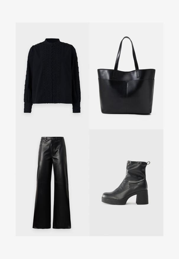 Blusa preta com gola alta, apresentando detalhes em renda vertical e fecho de botões. Mangas longas com acabamentos bordados nos punhos.; Calças largas de imitação de couro pretas, de cintura alta, com botão frontal, fecho de correr, passadores de cinto e bolsos laterais sobre fundo branco.; Botas de tornozelo pretas feitas de couro liso, com fecho lateral, salto grosso texturizado e design de bico arredondado.; Bolsa tote preta em couro com duas alças longas, textura suave e forma estruturada. Apresenta um bolso frontal para armazenamento adicional.