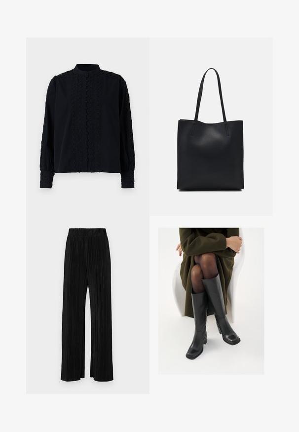 Juoda bluzonė su aukštu apykakle, papuošta vertikalia nėrinių detalėmis ir mygtukų užsegimu. Ilgos rankovės su išsiuvinėjimais ant rūbų. ; Juodi plisuoti kelnės su elastine juosta. Turėkite plačias kojas ir glotnų, tekstūrinį audinį su vertikaliais dryžiais.; Juodos odinės pradžios ilgio bateliai su kvadratu formos nosimi ir bloko kulnu, demonstruojami su modeliu, sėdinčiu alyvuogių žalios spalvos švarku. Lygi tekstūra, minimalus puošimas.; Juodas odinis tote krepšys su lygia tekstūra, stačiakampio formos ir dviem ilgais rankenomis. Matomų metalinių detalių ar puošybos nėra.