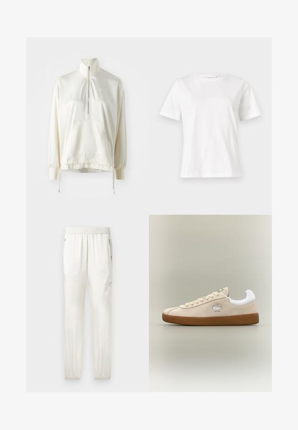 Lichtcrème kwart-rits sweater met een voorzak, trekkoord aan de onderkant en geborduurd logo in dezelfde kleur op de borst. Zachte stofstructuur.; Witte katoenen t-shirt met korte mouwen, ronde halslijn en een ontspannen pasvorm. Gladde textuur, geen patronen of accenten, minimalistisch ontwerp.; Lichtgekleurde joggers met een elastische tailleband, taps toelopende boorden, zijzakken en ritssluitingen. Gladde, licht glanzende stofafwerking.; Beige suède sneaker met witte accenten en rubberen zool. Beschikt over een verhoogd logo aan de zijkant en contrasterende beige veters. Klassiek ontwerp.