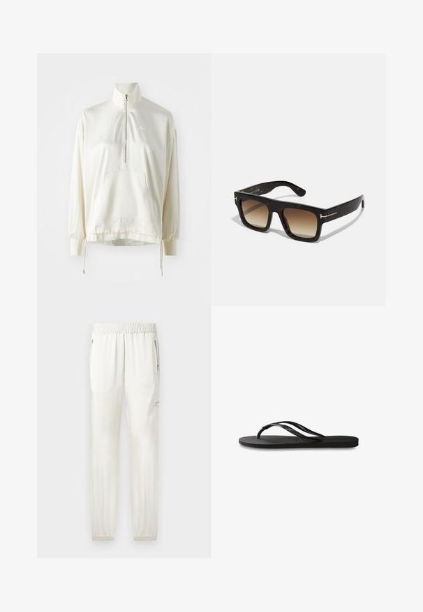 Lyscremet kvart-zip pullover med en frontlomme, snoretræk i kanten og broderet logo i matchende farve på brystet. Blødt stoftekstur.; Lyscremede joggers med elastisk talje, tætsiddende manchetter, sidelommer og lynlåsdetaljer. Glat, let skinnende stoffinish.; Sorte flip-flop med en tekstureret gummisål, to slanke stropper og et subtilt, præget logodetalje på stroppen.; Skildpaddemønster solbriller med firkantet stel, gradient brune linser og diskrete guldhardware detaljer på stængerne.; Brun ruskinds tote bag med to bløde håndtag, et vertikalt bånd med en sølvdetalje og en bred, åben top. Glat tekstur, minimalistisk design.