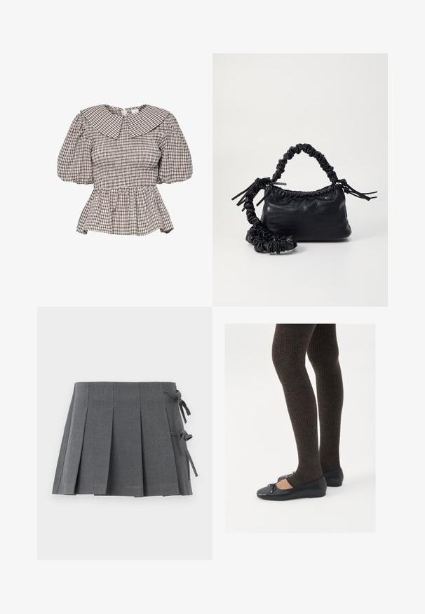 Duga peplum bluzica s velikim ovratnikom. Izrađena od tkanine s kariranim uzorkom u prigušenim tonovima. Balon rukavi i nabirani detalji.; Siva plisirana suknja s pojasom na vezanje, izrađena od teksturiranog materijala, s čistim rezom i bez vidljivog hardvera.; Crne ravne cipele s malim mašnom na vrhu prstiju, uparene s tamnosmešnim rebrovanim čarapama. Cipele imaju glatku teksturu i nizak profil.; Crna torba od umjetne kože s teksturom krokodila, s cinčanim vrhom i naboranom trakom. Izgleda mekano i kompaktno u dizajnu.