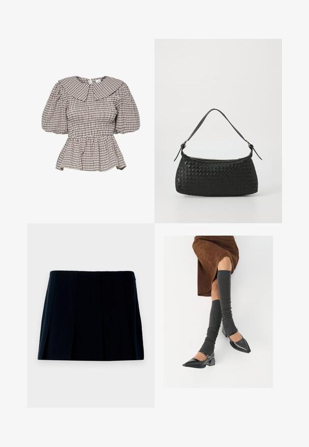 Top s řaseným peplumí a velkým límcem. Vyrobeno z látky s kostkovaným vzorem v tlumených tónech. Pufové rukávy a řasení.; Černá plisovaná mini sukně vyrobená z látky. Má rovný pas a více vertikálních záhybů pro tvar a strukturu.; Černé lakované boty s špičatou špičkou, blokovým podpatkem a kotníkovým páskem, spárované s šedými žebrovanými návleky na nohy a hnědskou sukní z semiše.; Černá tkaná taška přes rameno s hladkým koženým popruhem a uzavíráním na zip. Dispozice obsahuje texturovaný povrch a zakřivený tvar.