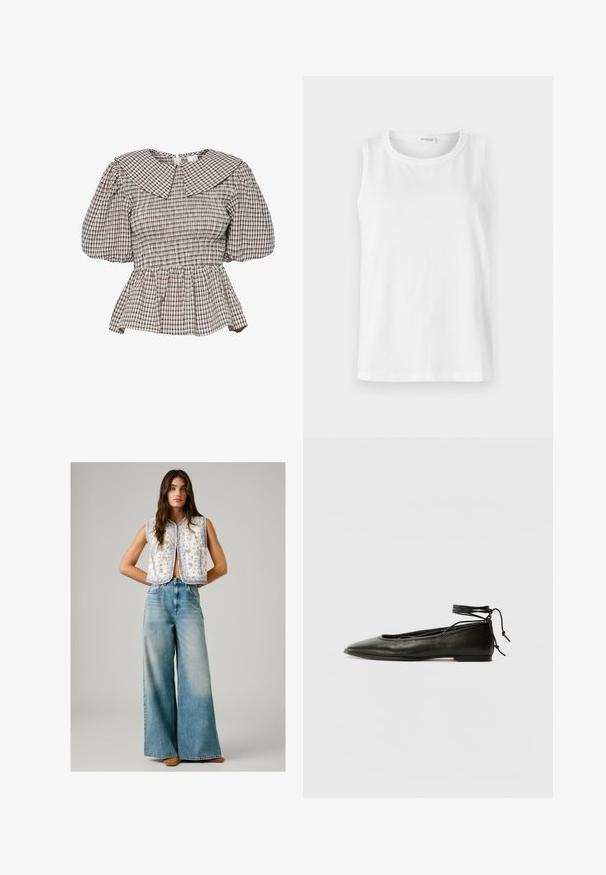 Smokket peplum top med en stor krave. Fremstillet af et ternet stof i afdæmpede nuancer. Puffærmer og samlet detaljering.; Hvid udenærmet top lavet af blød bomuld. Har en rund halsudskæring og lige snit. Enkelt design uden synlige mønstre eller detaljer.; Kvinde iført ærmeløs hvid vest med blomsterprint, parret med høj talje, brede, blege blå jeans og brune sko, stående med hænderne bag ryggen.; Sorte læder ballerinaer med spids tå, ankelbinding og flad sål, der har en glat tekstur og minimalistisk design.