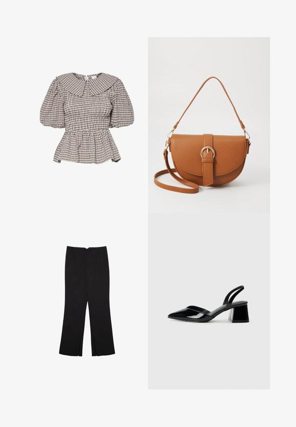 Smokket peplum top med en stor krave. Fremstillet af et ternet stof i afdæmpede nuancer. Puffærmer og samlet detaljering.; Sorte bukser med lige pasform, der har frontlommer og slidser i kanten. Lavet af blødt, glat stof. Velegnet til forskellige anledninger.; Sorte patentlæder slingback hæle med spids tå og en geometrisk blok hæl. Har et elegant, minimalistisk design og en glat tekstur.; Brun læder crossbody taske med en buet form, guldfarvet hardware og en spændeaccent. Har en aftagelig skulderrem.