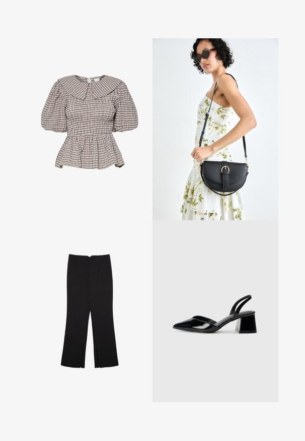Duga peplum bluzica s velikim ovratnikom. Izrađena od tkanine s kariranim uzorkom u prigušenim tonovima. Balon rukavi i nabirani detalji.; Crne hlače ravnog kroja, s prednjim džepovima i bočnim prorezima na rubu. Izrađene od mekog i glatkog materijala. Pogodne za razne prigode.; Crne lakirane kožne sandale s otvorenom petom i špicastim vrhom, s geometrijskom blok petom. Imaju elegantan, minimalistički dizajn i glatku teksturu.; Crna kožna torba s lukovitim oblikom, odvojivim remenom i zlatnim detaljima. Torba ima preklop s kopčom.