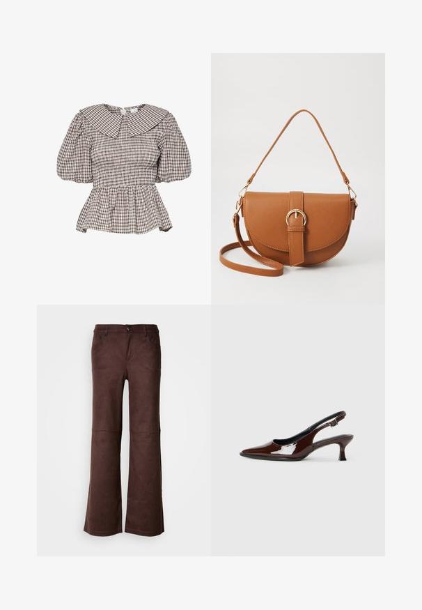 Bluzka peplum z falbaną i dużym kołnierzem. Wykonana z tkaniny w kratkę w stonowanych odcieniach. Rękawy w kształcie bufek i marszczenia.; Brązowe spodnie w stylu dzwonów, wykonane z miękkiego materiału przypominającego zamsz. Posiadają cztery kieszenie, zapięcie na guzik oraz gładką, teksturowaną powierzchnię.; Brązowe lakierowane skórzane buty na obcasie typu slingback z ostrym noskiem i umiarkowanym obcasem. Posiadają pasek z klamrą dla zapewnienia stabilnego dopasowania. Gładka tekstura.; Brązowa skórzana torba na ramię o zaokrąglonym kształcie, ze złotymi akcentami i zapięciem w formie klamry. Posiada odpinany pasek na ramię.