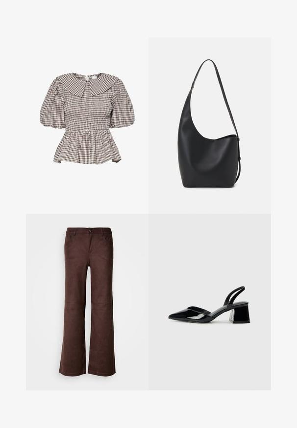 Top peplum arricciato con un ampio colletto. Realizzato in tessuto a motivo a quadretti in tonalità tenui. Maniche a sbuffo e dettagli arricciati.; Pantaloni a palazzo marroni in un tessuto morbido simile al suede. Presentano quattro tasche, una chiusura con bottone e una superficie liscia e testurizzata.; Décolleté in vernice nera con punta affusolata e tacco in geometria cubica. Presentano un design elegante e minimalista, con una texture liscia.; Borsa hobo nera in pelle con una superficie liscia, forma curvata e una singola tracolla regolabile; presenta un'ampia apertura nella parte superiore.