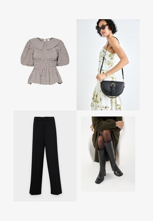 Haut peplum smocké avec un grand col. Confectionné en tissu à motif écossais dans des tons atténués. Manches bouffantes et détails froncés.; Pantalons larges noirs en tissu lisse, avec une taille classique à fermeture à bouton et des plis sur le devant.; Bottes en cuir noires arrivant au genou, avec un bout carré et un talon carré, présentées sur un modèle assis dans un manteau vert olive. Texture lisse, détails minimaux.; Sac à main en cuir noir avec une forme courbée, bandoulière amovible et des accessoires en or. Le sac est doté d'un rabat avec un détail de boucle.