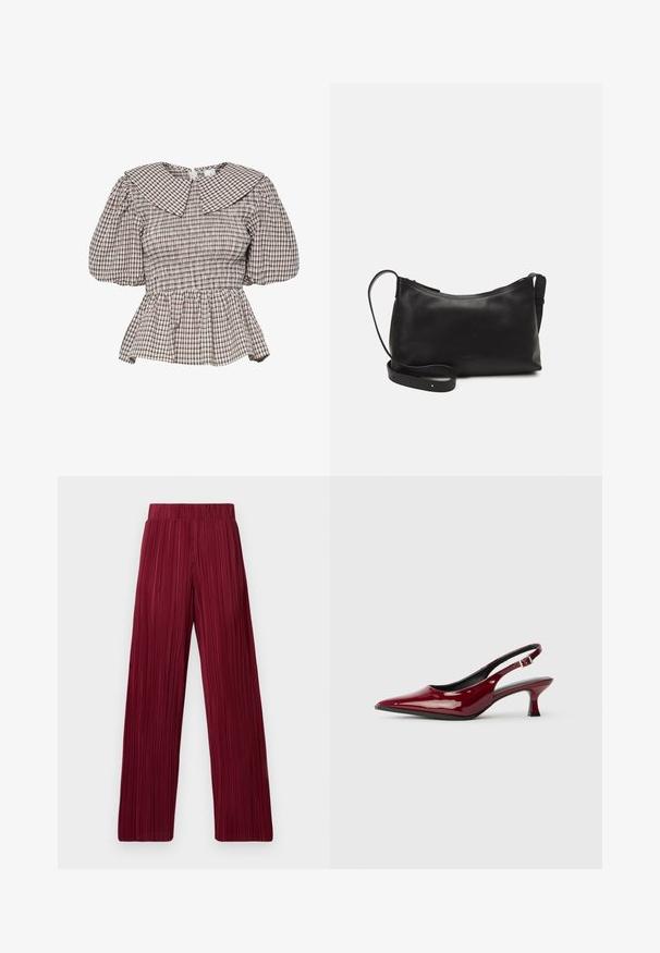 Smocked peplum top with a large collar. Constructed from a checkered pattern fabric in muted tones. Puff sleeves and gathered detailing.; Maroon pleated wide-leg pants with an elastic waistband. Textured fabric features vertical stripes. Straight cut to the hem.; Burgundy patent leather slingback heels with a pointed toe and a sleek stiletto heel. Open back design with adjustable ankle strap detail.; Black leather shoulder bag with a smooth texture, curved shape, adjustable strap, and a zip closure. Minimalist design without embellishments.