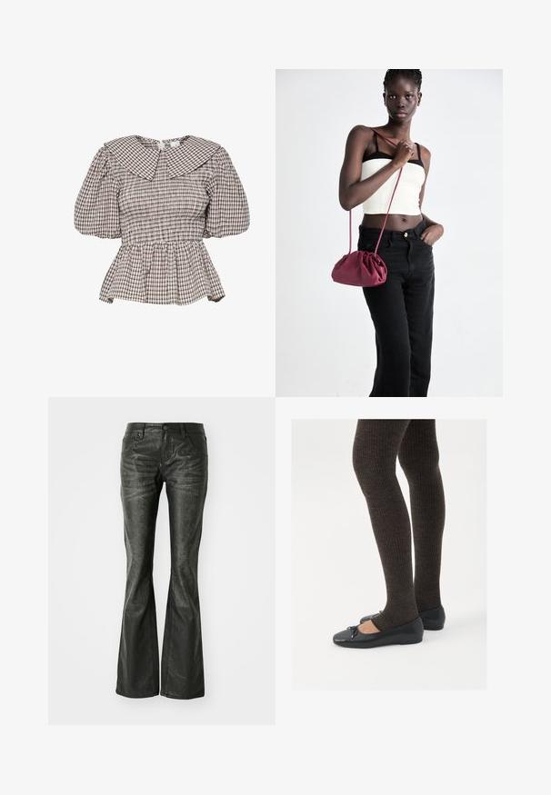 Smockattu peplum toppi, jossa on suuri kaulus. Valmistettu tarkkuuskuvioidusta kankaasta hillityissä sävyissä. Puffihihat ja kokoontuva yksityiskohta.; Mustat tekonahkaiset levenevät farkut etutaskuilla, metallinappikiinnityksellä ja hieman teksturoituneella pinnalla. Suora lahje pitkällä leikkauksella.; Mustat matalat kengät, joissa on pieni nauha varpaissa, yhdistettynä tummanruskeisiin ribattuisiin sukkahousuihin. Kengissä on sileä pinta ja matala profiili.; Burgundi pehmeast kangast käekott, millel on kortsuline disain ja pikk rihm, kantud üle rinna. Modell kannab valget lühikest toppi ja musti teksaseid.