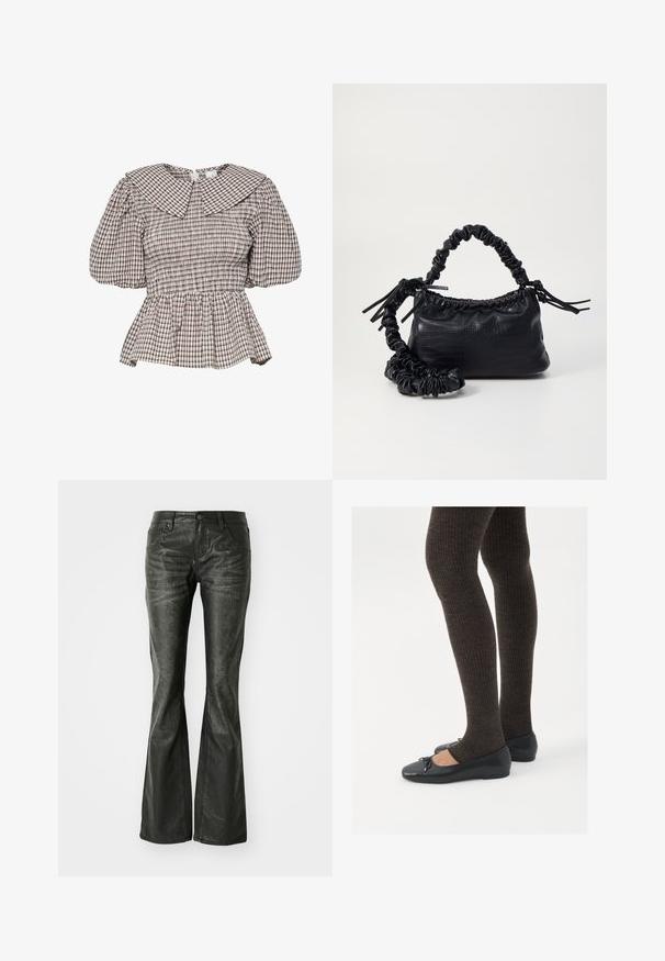 Smokket peplum top med en stor krave. Fremstillet af et ternet stof i afdæmpede nuancer. Puffærmer og samlet detaljering.; Sorte faux læder flared jeans med forlommer, en metalknaplukning og en let tekstureret overflade. Ret ben med en lang skæring.; Sorte flade sko med en lille sløjfedetalje ved tåen, parret med mørkebrune ribbede strømpebukser. Skoene har en glat overflade og lav profil.; Sort kunstlæder håndtaske med krokodilteksur, indsnøret top og en sammenkrøben rem. Ser blød og kompakt ud i designet.