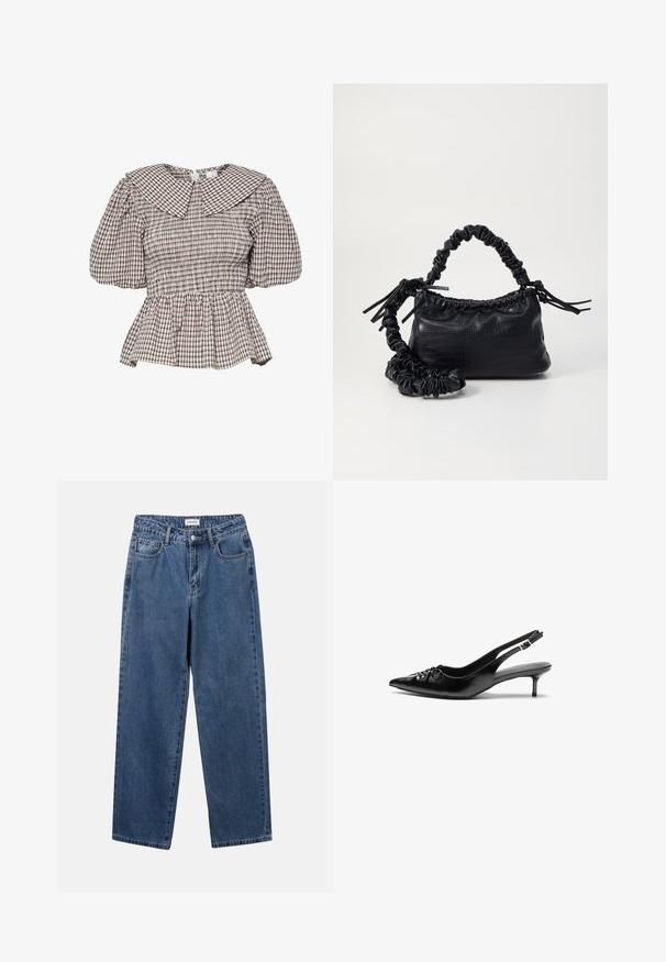 Smokket peplum top med en stor krave. Fremstillet af et ternet stof i afdæmpede nuancer. Puffærmer og samlet detaljering.; Klassiske blå denimbukser med lige ben, fem lommer og knaplukning. Har en medium vask og en robust tekstur.; Sorte læderslippers med spidse tæer, lille kitten hæl og en dekorativ knude detalje foran. Glat tekstur hele vejen rundt.; Sort kunstlæder håndtaske med krokodilteksur, indsnøret top og en sammenkrøben rem. Ser blød og kompakt ud i designet.