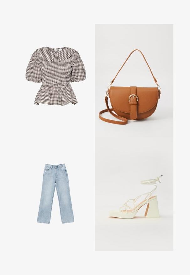 Gerafftes Peplum-Top mit großem Kragen. Hergestellt aus einem karierten Stoff in gedämpften Tönen. Puffärmel und geraffte Details.; Hellblaue Jeans aus Denim mit weiter Beinform, mit Used-Details, fünf Taschen und einem Reißverschluss.; Weiße High-Heel-Sandale mit einem klobigen Absatz, die über ein Riemchendesign und ein Knöchelband verfügt. Glatte Textur mit einer Plattform vorne für zusätzliche Höhe.; Braune Leder-Crossbody-Tasche mit geschwungener Form, goldfarbenen Beschlägen und einer Schnallenakzentuierung. Verfügt über einen abnehmbaren Schultergurt.