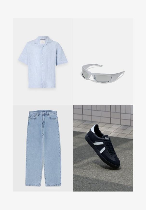 Világoskék, rövid ujjú, lenből készült ing, függőleges fehér csíkokkal, hegyes gallérral és öt gombbal az elülső részen.; Fehér pamut póló rövid ujjakkal, kerek nyakkivágással és laza szabással. Simább textúra, látható minták vagy kiegészítők nélkül.; Világoskék farmernadrág egyenes szárú kivitelben, közepes derékkal, öt zsebbel, gombos és cipzáros záródással.; Fekete bőr sportcipő fehér csíkokkal, textúrált gumitalppal és fűzős elejével. A nyelvén márkás címke található.; Sötét, szürke műanyag kerettel, ívelt kialakítással és szürke színű lencsékkel ellátott napszemüveg. Az egyik szárán logó kiemelés található.