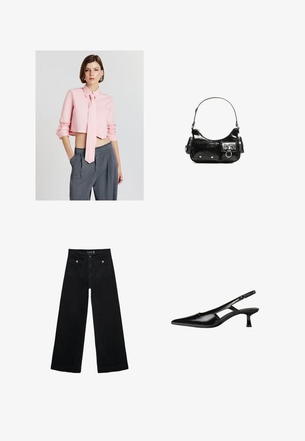 Calliope CAMICIA CROP CRAVATTA - Camicia - rosa chiaro; Jeans neri a gamba larga con vita alta, dotati di due tasche frontali e dettagli in metallo sui bottoni. Il tessuto ha una texture liscia.; Tacchi slingback in pelle verniciata nera con punta affusolata, design con tagli laterali e tacco quadrato piccolo. Texture liscia con dettagli minimi.; Borsa a spalla in vernice nera con forma curvata, una tracolla, tasche frontali e dettagli in metallo argentato.