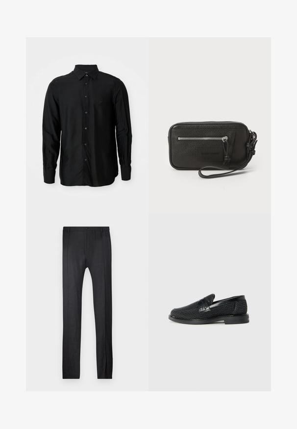 Musta pikkade varrukatega särk, mis on valmistatud siledast kangast, varustatud nööpidega kaelusega, eesnööpidetega ja väikese broderitud logoga.; Emporio Armani TROUSER - Püksid - nero; Must musta kootud slip-on king, millel on pehme nahast accent ülaserval, ümmargune varvas ja madal profiiliga kummitald.; Must musta nahk-käekott tekstureeritud pinnaga, ees suure tõmblukuga tasku ja eemaldatav randmepael. Esiküljel on logo-patch. Ristkülikukujuline.
