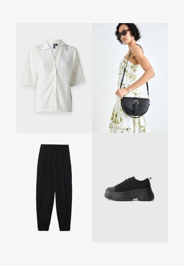 Bijela košulja s kratkim rukavima s teksturiranim pletenim uzorkom, ovratnikom i prednjim zatvaranjem na dugmad. Napravljena od laganog materijala.; Crne, lagane hlače s elastičnom stražnjom pasicom i naboranim gležnjevima. Tkanina je glatka i ima opušteni, suženi dizajn.; Crne tenisice s debelim gumenenim potplatom, teksturiranim gornjim dijelom od tkanine, okruglim vrhom i dizajnom s vezicama. Imaju pojačane rupice za vezice i dodatak za povlačenje straga.; Crna kožna torba s lukovitim oblikom, odvojivim remenom i zlatnim detaljima. Torba ima preklop s kopčom.