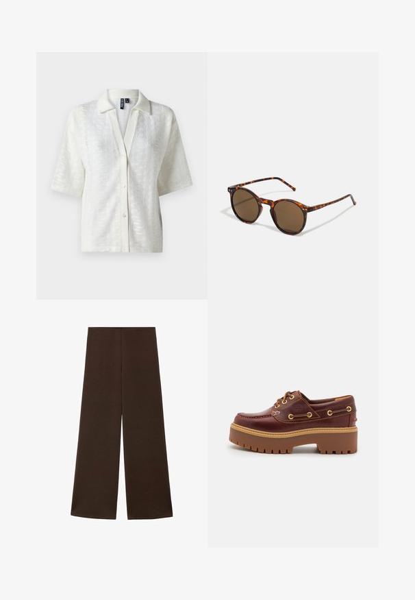 Weißes kurzärmliges Hemd mit strukturiertem Strickmuster, Kragen und Knopfverschluss auf der Vorderseite. Hergestellt aus leichtem Stoff.; Weite Hosen aus einem glatten, dunkelbraunen Stoff. Sie haben einen hohen Bund und ein minimalistisches Design ohne Verzierungen.; Braune Lederbootsschuhe mit einer massiven braunen Gummisohle, goldenen Ösen und kontrastierenden Nähten. Mit einem Logo an der Seite.; Runde Sonnenbrillen mit Schildpattrahmen und braunen Gläsern. Bietet dünne Bügel mit leichter Textur und Metallakzenten in der Nähe der Gläser.