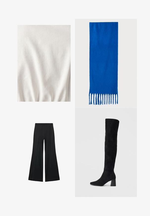 Helles beiges Material mit einer strukturierten Oberfläche, das subtile Falten und Knitter aufweist. Der Stoff wirkt weich und leicht.; Schwarze weit geschnittene Hose mit glatter Textur, ausgestattet mit Frontfalten und einem taillierten Design. Der Stoff ist leicht und fließend.; Schwarze Wildleder-Stiefel bis zum Knie mit Blockabsatz, spitzer Zehe und glattem, nahtlosem Design auf einem schlichten, hellen Hintergrund.; Blauer gefranster Schal aus weichem Stoff; hat eine einfarbige Oberfläche mit strukturierter Textur und gleichmäßig geschnittenem Fransen am unteren Ende.; Schwarze Leder-Shopper-Tasche mit zwei langen Griffen, einer glatten Textur und einer strukturierten Form. Verfügt über eine Vordertasche für zusätzlichen Stauraum.