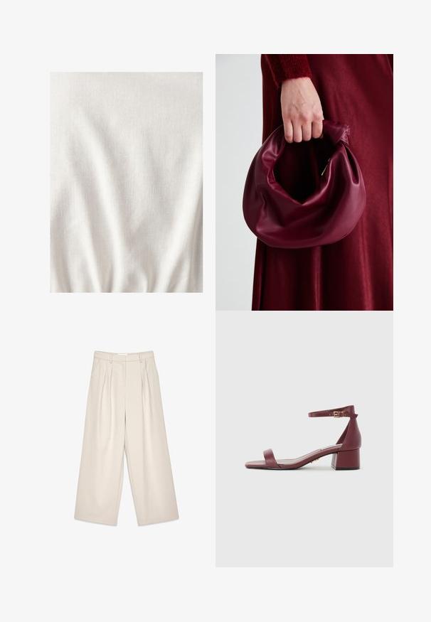 Lys beige stof med en struktureret overflade, der har subtile rynker og folder. Materialet fremstår blødt og let.; Beige vidde bukser med folder, med en glat tekstur og bæltestropper. Skræddersyet snit, der giver en løs pasform omkring benene.; Bordeaux lædersandal med firkantet tå, tynd ankelrem, gyldent hardware og en kraftig blokhæl. Glat tekstur og minimalistisk design.; Bordeaux læderhåndtaske med et blødt, samlet design og en rund form. Håndtaget er sikret og viser en glat tekstur.