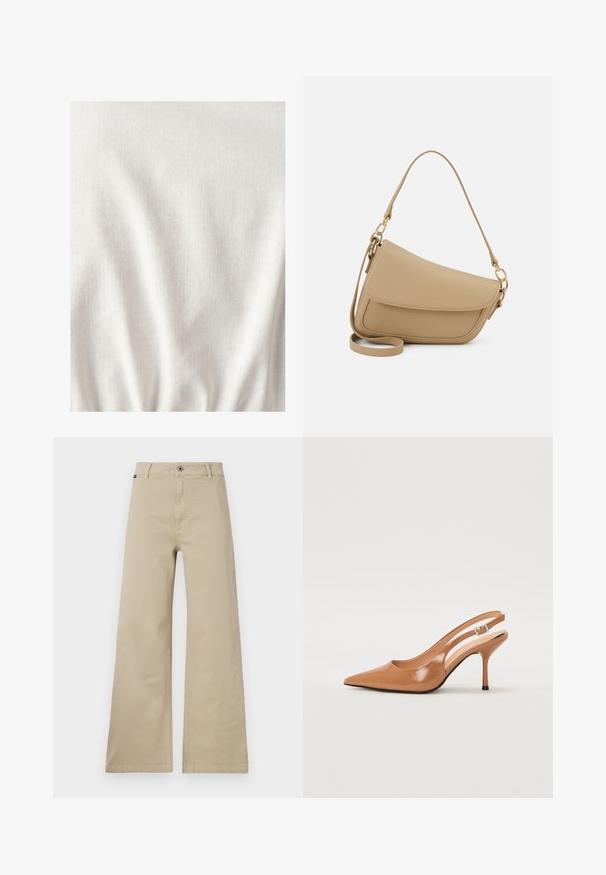 Tejido de color beige claro con una superficie texturizada, que presenta arrugas y pliegues sutiles. El material parece suave y ligero.; Pantalones de pierna ancha beige fabricados en algodón. Cuenta con un cierre de botón, pasadores para cinturón y bolsillos laterales. Textura suave y resistente con un diseño clásico.; Zapato de tacón tipo slingback con punta afilada en un material suave y brillante de color marrón. Presenta un diseño con corte curvado y un tacón de aguja delgado. Detalle de hebilla plateada.; Even&Odd Bolso de mano - beige