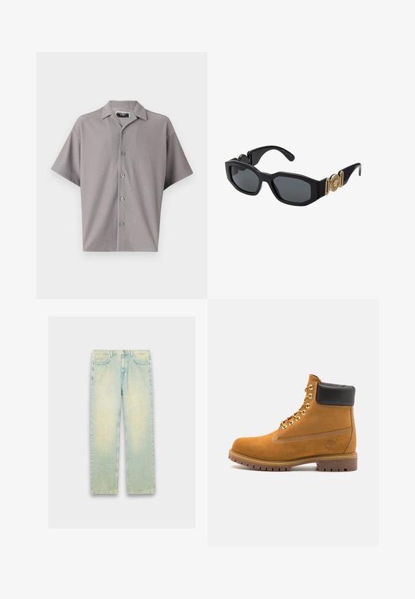 Camicia a maniche corte con bottoni di colore grigio chiaro, con texture a righe verticali, colletto e cinque bottoni sul davanti. Vestibilità e design casual.; Jeans in denim azzurro chiaro con vestibilità ampia, dotati di cinque tasche, zip e una finitura sbiadita lungo le cosce e le ginocchia.; Stivale alla caviglia in suede tan con collare imbottito nero, occhielli in metallo dorato, dettagli in cucitura bianca e suola in gomma robusta con battistrada pronunciato.; Occhiali da sole neri con una montatura geometrica spessa, lenti scure e accenti in metallo dorato sulle aste che presentano un dettaglio ad emblema rotondo.