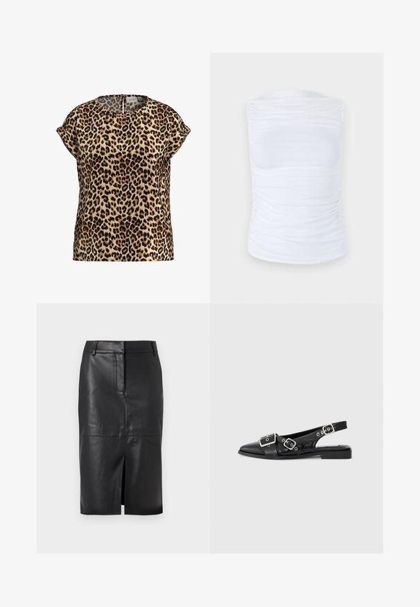 Vrhunac s uzorkom leoparda, kratki rukavi, okrugli izrez, izrađen od svilenog materijala; ima bež pozadinu s crnim i smeškim mrljama.; Bijela bezrukavna majica napravljena od glatkog, rastezljivog materijala s nabr mansionja duž strana, koja ima okrugli izrez i prilagođeni kroj.; Crna kožna olovka suknja s prednjim prorezom, koja ima glatku teksturu, dva bočna džepa i uski kroj.; Crne kožne sandale s otvorenom petom, špicaste su i imaju dvije srebrne kopče te niski blok petu. Imaju teksturirani gornji dio.